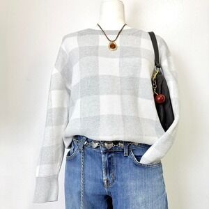 LL Bean grey plaid sweater cotton cashmere soft knit size L  minimalist cozy